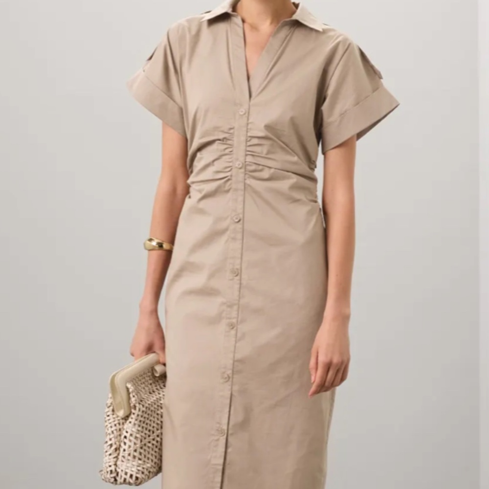 Saunders Beige Ruched Shirt Dress - Size 6